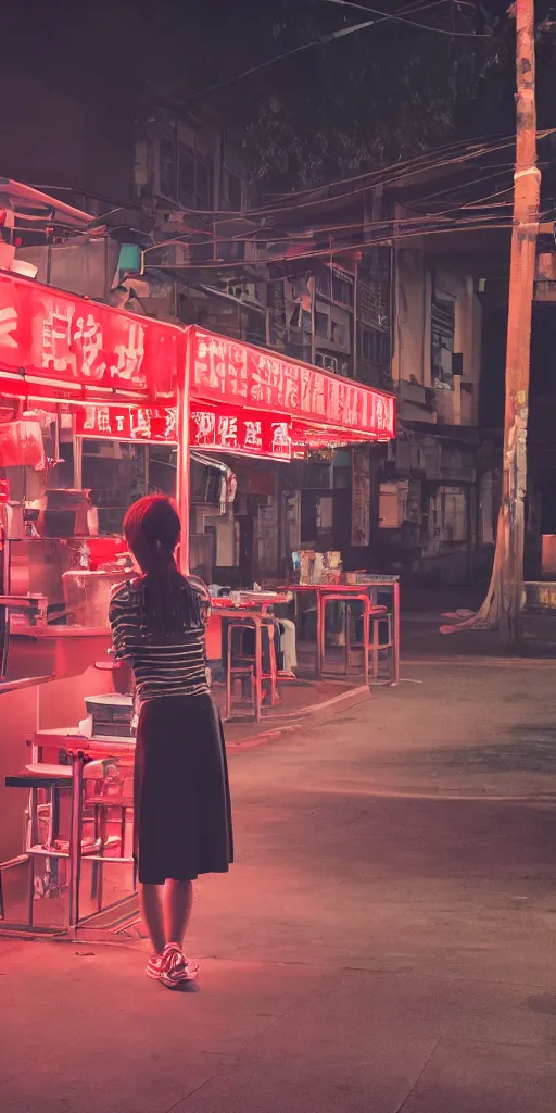 Image similar to movie still of a school girl at an outdoor noodle stand, hyper realism, rack focus, close establishing shot, empty street, monochromatic, red neon, soft dramatic lighting, 4 k digital camera