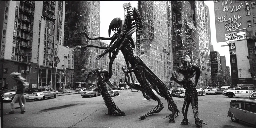 Prompt: Aliens attacking brooklyn neighborhood , frightening, ghastly, photorealistic, old film, 35mm film, found film, scary, ominous,, by bruce davidson, on hasselblaad