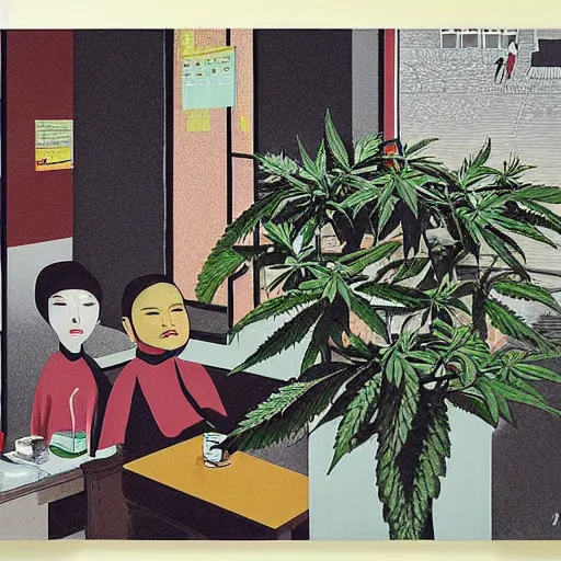 Image similar to taiwanese cafe with cannabis pot plants 🪴 utopia frontage poster by will barnet