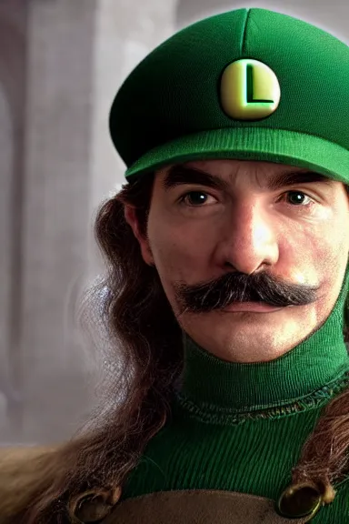 Image similar to very very intricate photorealistic photo of a realistic human version of luigi wearing his hat in an episode of game of thrones, photo is in focus with detailed atmospheric lighting, award - winning details