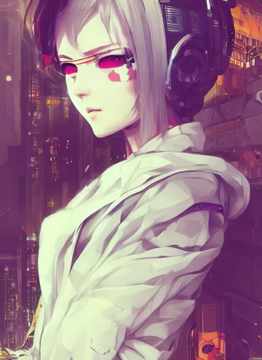 winding-koala59: cyberpunk Anime girl with mid-length white hair playing on  her phone