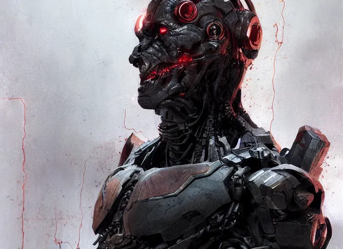 Image similar to willem dafoe as victor stone, full body concept, cyborg, borg, strogg, face of a man, terminator, flesh, quake strogg, doom demon, wolfenstein, monstrous, symmetry, symmetrical, concept art by ruan jia and greg rutkowski