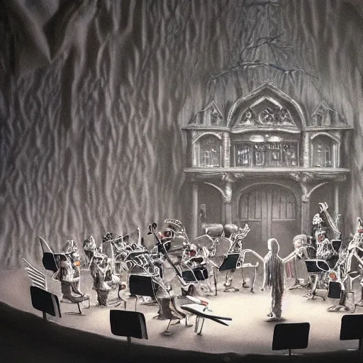 Prompt: the last orchestra, extremely detailed claymation art, dark, moody, foggy