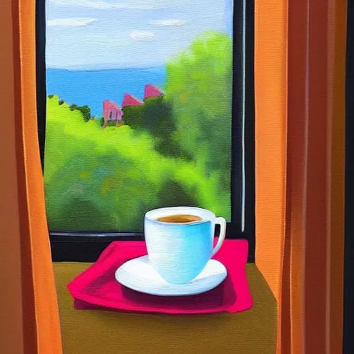 Image similar to “ photorealistic painting of a breakfast table with a steaming cup of coffee and a newspaper. the window behind it shows a colorful neighborhood with sun shining in the window ”