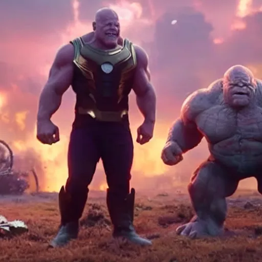 Image similar to a screenshot of Danny Devito playing Thanos in Avengers Endgame