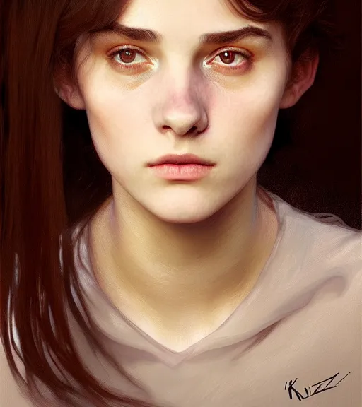 Image similar to portrait of a welsh teenage girl with brown hair, glowing skin, delicate features, amelie poulain, fantasy, small mouth, quiet beauty, intricate, elegant, dress shirt, highly detailed, digital painting, artstation, concept art, smooth, sharp focus, illustration, art by Krenz Cushart and Artem Demura and alphonse mucha