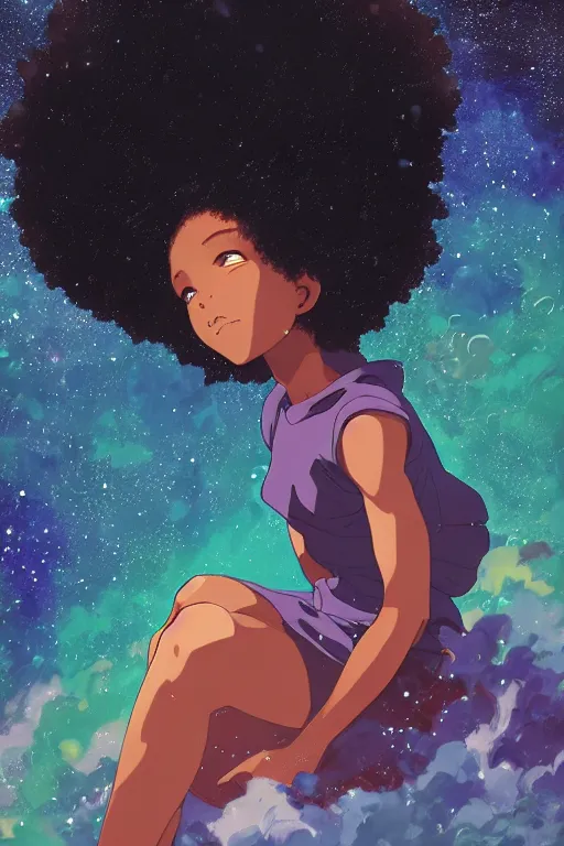 Prompt: ( a young black girl with a nebula afro and third eye ), sitting on a cloud, trending on pixiv fanbox, painted by makoto shinkai takashi takeuchi studio ghibli, akihiko yoshida, yoshitaka amano, wangechi mutu, clean cel shaded vector art, illustration, hd, 8 k