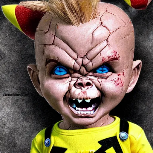 Prompt: Chucky fused with Pikachu, In a swamp, photo realistic, well detailed