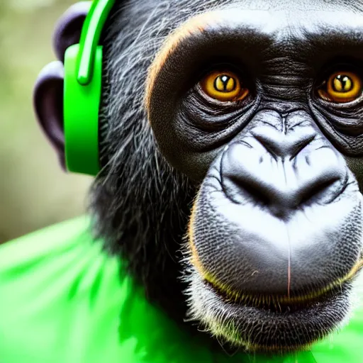 Image similar to a high quality photo of a green chimp wearing headphones, realism, 8k