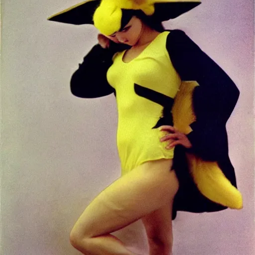 Image similar to elegant woman dressed up as pikachu, art photo by Annie Liebovitz and David Hamilton and Alphonse Mucha