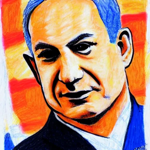 Prompt: portrait of benjamin netanyahu, drawn by a child, in oil pastel colors