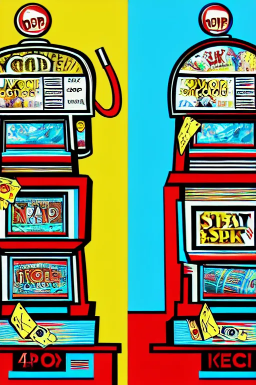 Image similar to slot machine machine, 4 k, acrylic paint style, pencil style, torn magazine style, pop art style, bioshock style, by mike swiderek, jorge lacera, ben lo, tyler west, ultrarealistic, sharp focus, intricate