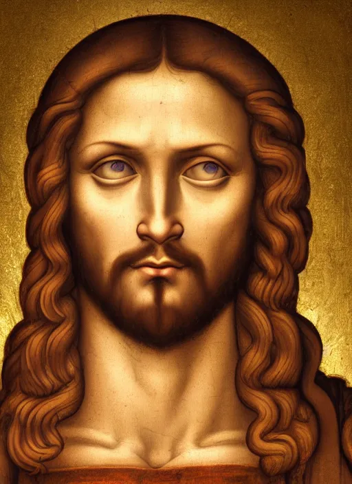 Prompt: jesus christ face, depiction of jesus, holy cross, 8 k, boticelli, an amazing portrait of jesus, leonardo da vinci, mattepainting, cryengine, artstation, heaven color scheme, holy lights