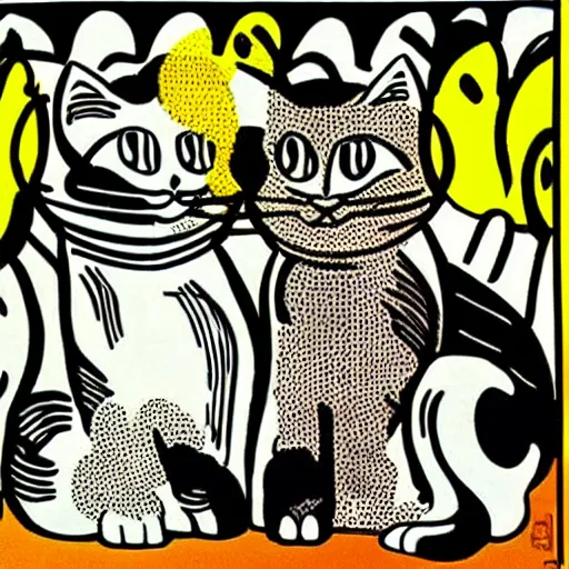 Prompt: Cats celebrate international Cat Day by Roy Lichtenstein