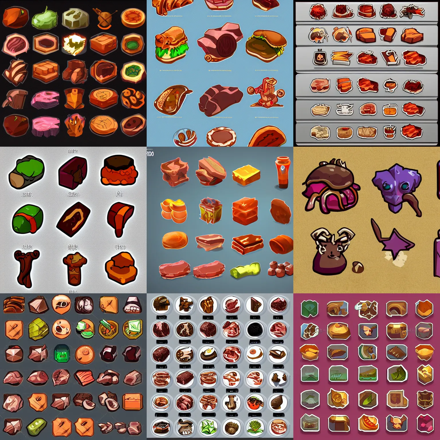 Prompt: collection of ui meat icons, ultra detailed, rpg, game dev art