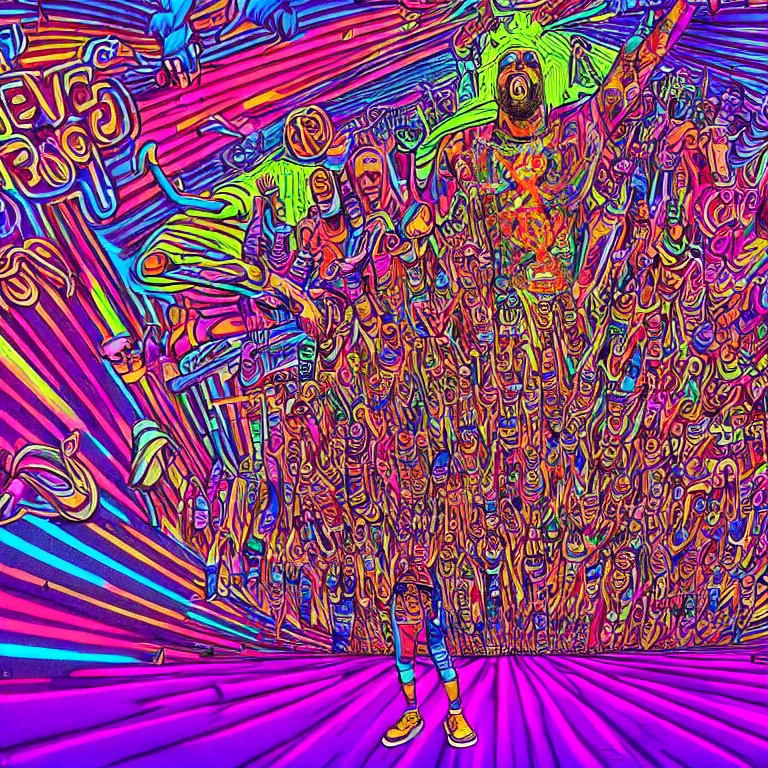 Image similar to rapping on stage at festival, holding microphone, giant crowd, epic pose, happy, psychedelic, hip hop, surreal, neon, vaporwave, detailed, illustrated by Alex Grey, 4k