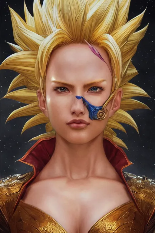 Prompt: beautiful female super saiyan with short hair, exquisite detail, hyper realism, ornate, voluptuous, exquisite detail, masterpiece, voluptuous, cute face, 4k, art by Donato Giancola and Bayard Wu and WLOP and Artgerm