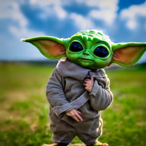 Image similar to baby yoda in a bee costume with antennae and wings flying in epic action pose, 8k selfie photograph