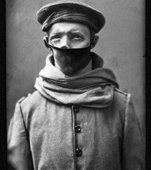 Prompt: person wearing death mask, ww1 photo, grainy, high detail, high resolution, tehnicolor