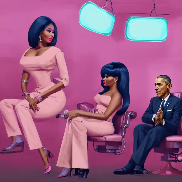 Image similar to 1 9 6 0 s concept illustration portrait of nicki minaj sitting next to barack obama in a barbershop. cinematic scene. volumetric lighting, flat style, pastel colors, hyper detailed. octane render. concept art. trending on artstation.