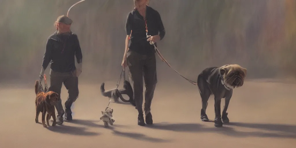 Image similar to a dog walking a human on a leash, cinematic lighting, detailed oil painting, hyperrealistic, 8k