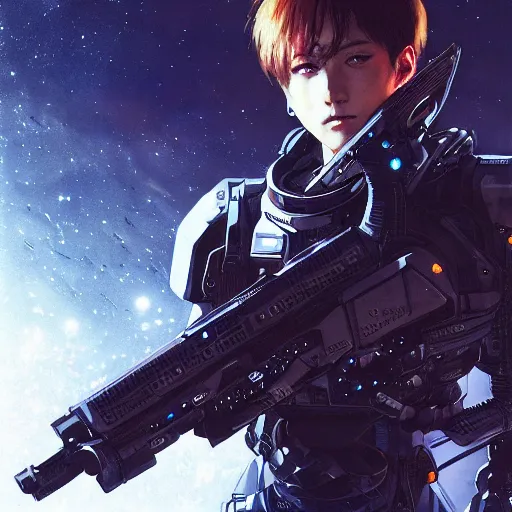 Prompt: award winning, extremely photorealistic, bokeh, beautiful detail, stars in the sky, cybernetic, sci-fi space game art, jeon Jungkook holding a gun. alien planet art by Akihito Yoshitomi AND Yoji Shinkawa AND Greg Rutkowski, Mark Arian trending on artstation