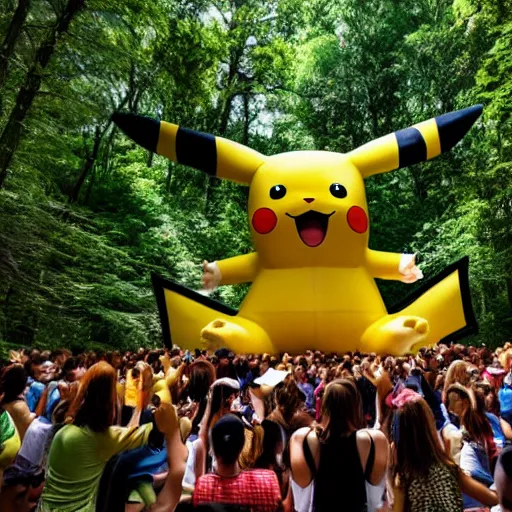 Image similar to photograph of a group of people worshipping a giant pikachu in a forest