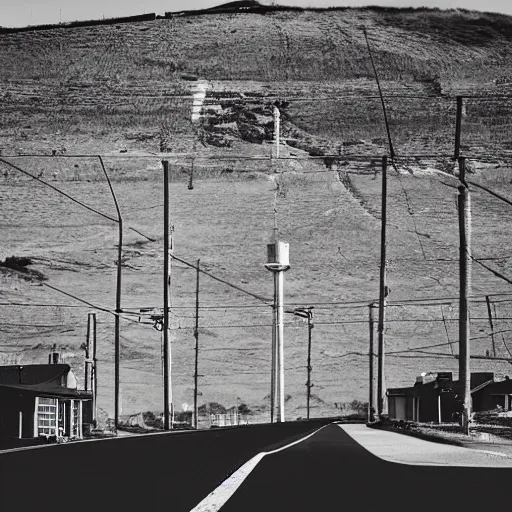 Prompt: a road next to warehouses, and a hill behind it with a radio tower on top, red tint
