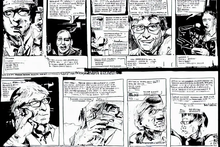 Prompt: bill gates doing a presentation, a page from cyberpunk 2 0 2 0, style of paolo parente, style of mike jackson, adam smasher, johnny silverhand, 1 9 9 0 s comic book style, white background, ink drawing, black and white