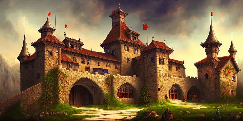 Image similar to a beautiful medieval european palace, fantasy art, painting by dancheng ye