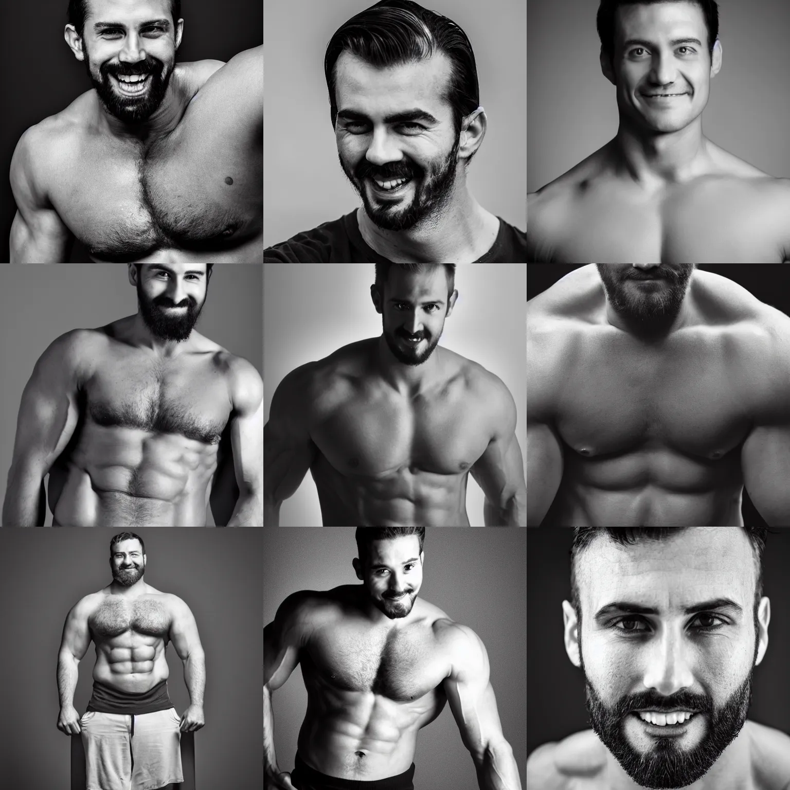 Prompt: grey - scale portrait of a man looking slightly left with a pronounced long square chin with thin face, has thick facial hair, very short black hair, manly face, widely grinning, body builder, large chest muscles, no shirt, dark lighting, dark grey background