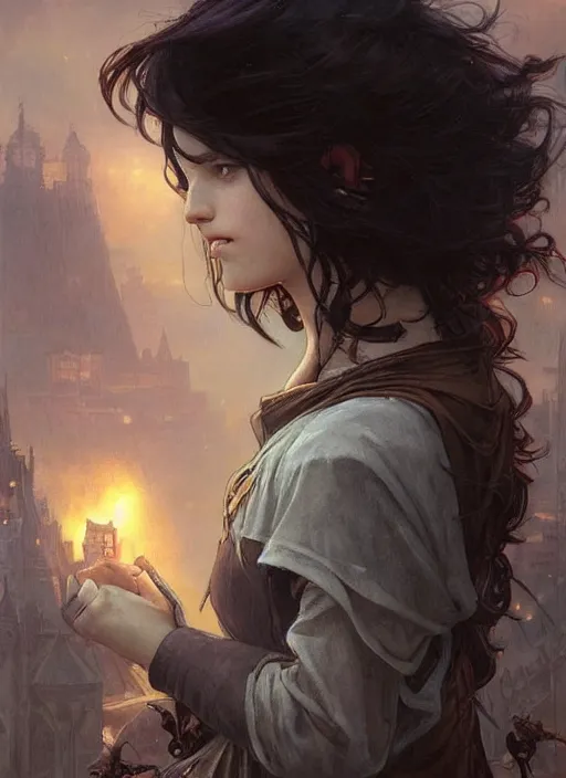 Prompt: a teenage girl with very short dark hair and a tattered grey cloak. she stands on top of a building in a gothic fantasy city. the sky has a red glow and ash is falling. beautiful painting by artgerm and greg rutkowski and alphonse mucha