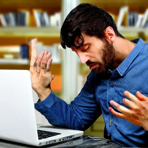 Prompt: a marble statue smashing on his laptop with his hands due to frustration