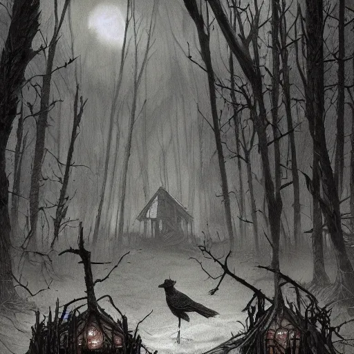 Prompt: deep into the witchwood forest swamp, crows, decay, hut, detailed intricate ink illustration, dark atmosphere, detailed illustration, hd, 4k, digital art, overdetailed art, concept art, by greg rutkowski, by loish, complementing colors, Trending on artstation, deviantart