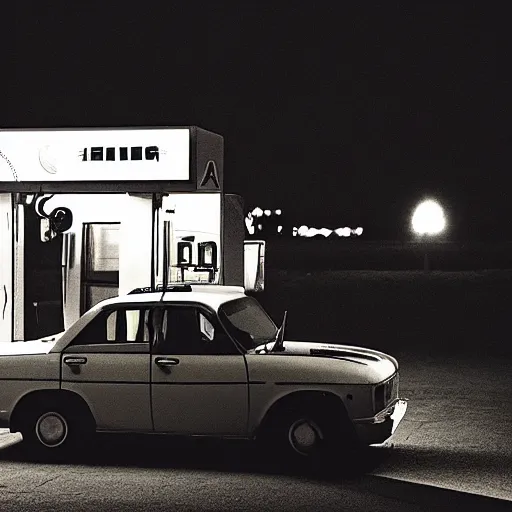 Prompt: it's night, the city is quiet, a car is parked at the last gas station at the edge of town, in the darkness eyes watch us, cinestill