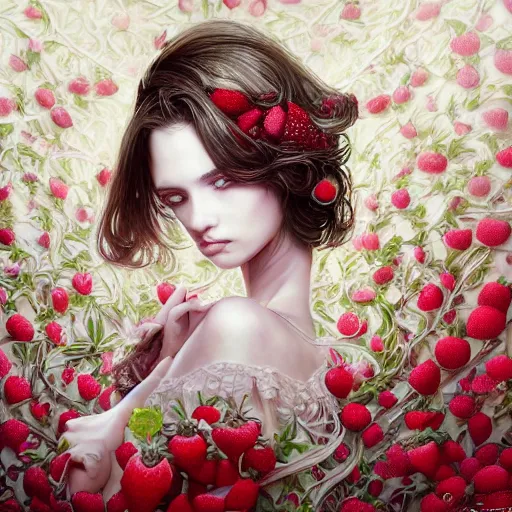 Image similar to the portrait of an absurdly beautiful, graceful, elegant, sophisticated, fashionable young woman made of strawberries and white petals crying, an ultrafine hyperdetailed illustration by kim jung gi, irakli nadar, intricate linework, bright colors, octopath traveler, final fantasy, unreal engine 5 highly rendered, global illumination, radiant light, detailed and intricate environment