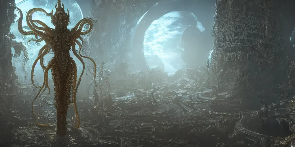 Prompt: a photo of 8k ultra realistic lovecraftian ornate white and gold armour humanoid queen standing next to a spaceship window overlooking earth, 8 intricate tentacles, cinematic lighting, trending on artstation, 4k, hyperrealistic, focused, extreme details, unreal engine 5, cinematic, masterpiece