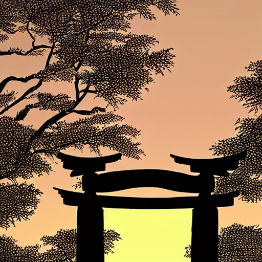 Image similar to a japanese landscape filled with torii arches, dawn, by david aja