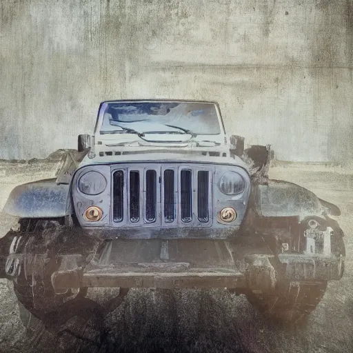 Prompt: a muddy 1997 hardtop white Jeep Wrangler drowning in quicksand, digital art, beautiful iridescent fog swallows the dirty swamp, gritty, cinematic, extraordinary colorful landscape, photorealistic, soft vintage glow