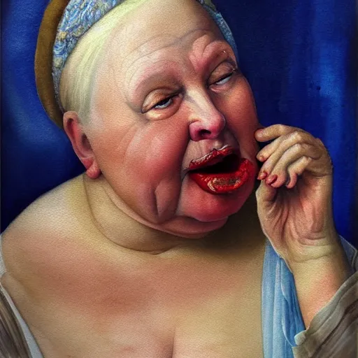 Prompt: a very funny stylize oil painting in renaissance style of a sweet fat old woman kissing her reflection. symmetry face, red mouth, blue eyes. flowery dress. hyper realistic scene. 3 d, octane render, deep focus, white scene. very funny and sweet image. unreal engine. watercolor. fellini style. poster quality. klee style.