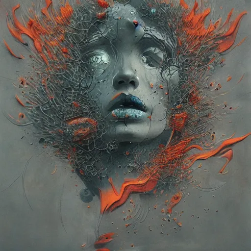 Image similar to a smooth grey cube being devoured by extremely detailed splatters of abstract paint, engulfed in flames in the style of james jean, pascal blanche, surreal, beksinski, high detailed