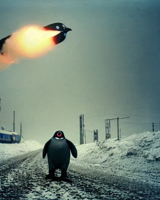 Prompt: giant oversized chubby bulky armored train penguin robot mech, with big penguin head , rocket launcher , on a village , Cinematic focus, fujicolor photo, vintage, neutral colors, soft lights, foggy, panorama by by Serov Valentin, by lisa yuskavage, by Andrei Tarkovsky