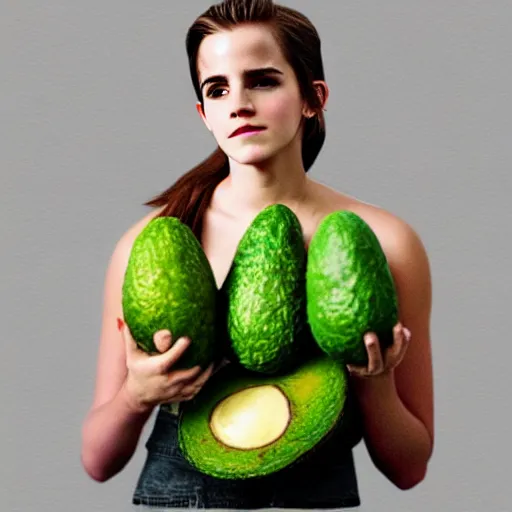 Prompt: photograph of emma watson with avocado - colored skin, anthropomorphic, photoshop