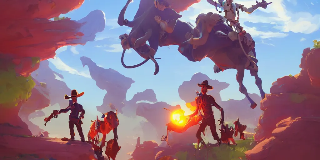 Image similar to a cow boy hunt aliens in the tropical land behance hd by jesper ejsing, by rhads, makoto shinkai and lois van baarle, ilya kuvshinov, rossdraws global illumination