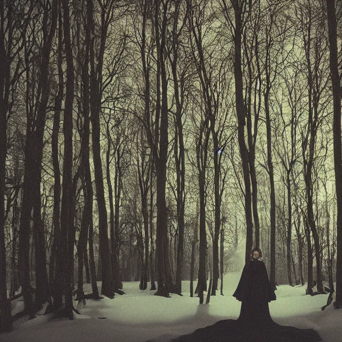 Prompt: portrait of a woman wrapped in bioluminescent fabric, standing in a snowy forest at night, color photograph, by jan van eyck, canon eos c 3 0 0, ƒ 1. 8, 3 5 mm, 8 k, medium - format print