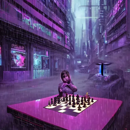 Image similar to high detailed person playing chess with a lady hologram in a cyberpunk rainy city at night by josan gonzalez, purple and blue neons, unreal engine, high quality, 4 k, uhd, trending on artstation, wires, blade runner vibes, ghost in the shell, akira, dorohedoro