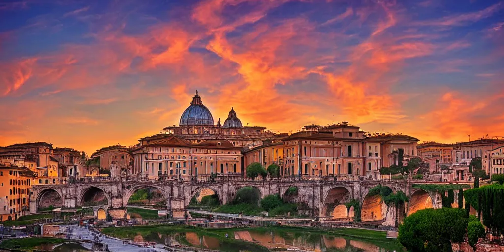 Prompt: sunset on rome, tetrachromacy, realistic photo, landscape