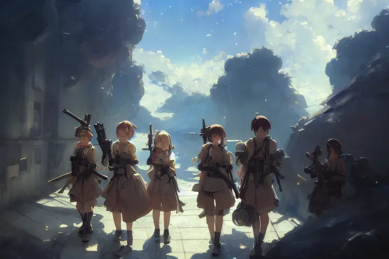 Image similar to baroque oil painting of anime key visual concept art of anime maid soldiers sat inside a tank on the battlefront, official art, trending on artstation, palette knife and brush strokes, oil on canvas, style of makoto shinkai greg rutkowski studio ghibli