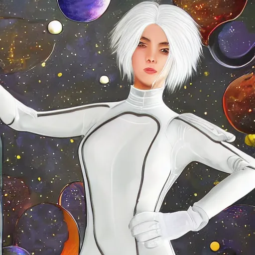 Image similar to beautiful white haired woman dressed in see through space suit in the style of zezhou chen highly detailed, smooth, sharp focus