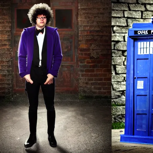 Image similar to Richard Ayoade dressed as Doctor Who, standing next to the TARDIS